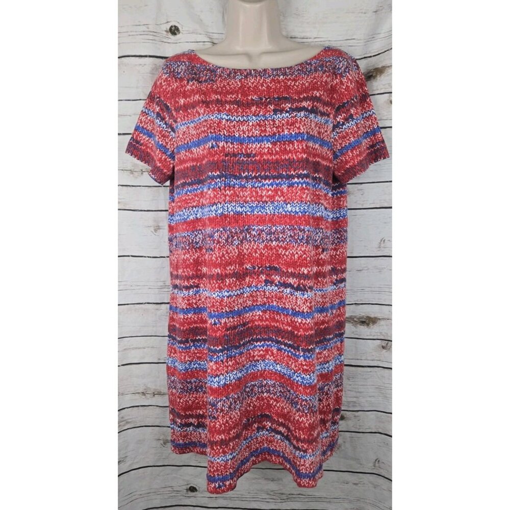Tory Burch Stripe Yarn Print T Shirt Dress L Red Blue 100% Pima Cotton